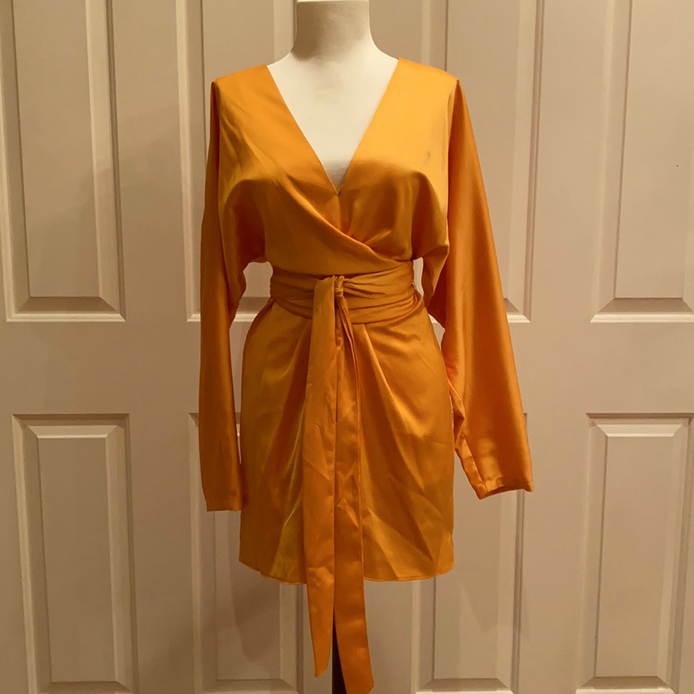 Gold Satin Batwing Long Sleeve Mini Wrap Dress